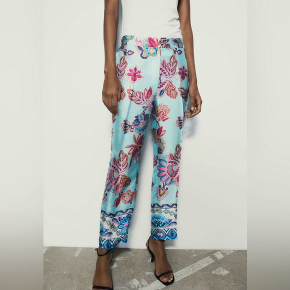 Zara Pants - ZARA Blue print cropped-leg trousers, Floral Print Women's Pants